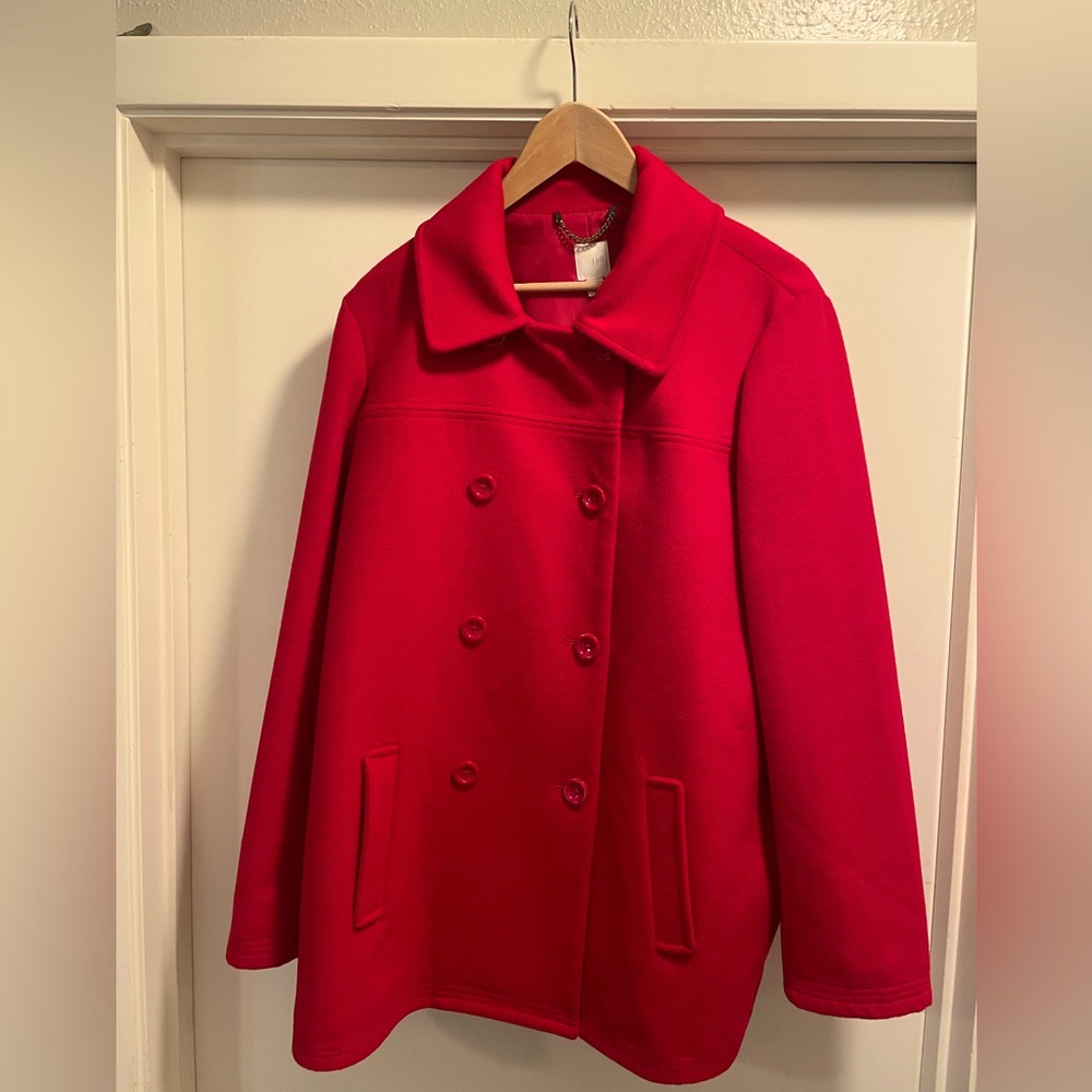 J. Jill size XL Red Double Breasted Wool Blend Pea Coat